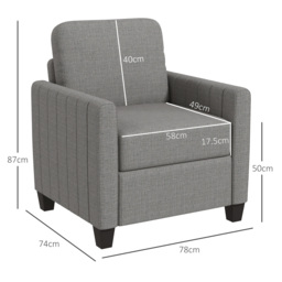 HOMCOM Armchair, Channel Tufted Modern Fabric Accent Chair, Comfy Upholstered Reading Lounge with Spring Cushion, Light Grey - Aosom UK - thumbnail 3