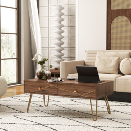 HOMCOM Coffee Table with Storage, Living Room Table with Drawers, Rectangular Tea Table with Steel Base for Home, 100 x 50 x 41 cm, Brown - thumbnail 2