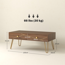 HOMCOM Coffee Table with Storage, Living Room Table with Drawers, Rectangular Tea Table with Steel Base for Home, 100 x 50 x 41 cm, Brown - thumbnail 3