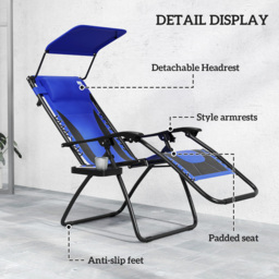 Outsunny Zero Gravity Lounger Chair, Folding Reclining Patio Chair with Shade Cover, Cup Holder, Soft Cushion and Headrest for Poolside, Camping, Blue - thumbnail 5