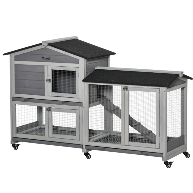 PawHut Two-Tier Rabbit Hutch and Run Wooden Mobile Guinea Pig Hutch Bunny Cage w/ Wheels, Run, Slide-Out Tray, Ramp 157.4 x 53 x 99.5 cm - Aosom UK - image 1