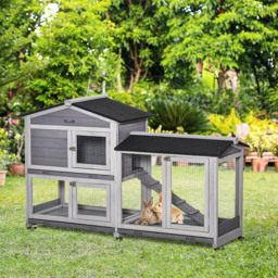 PawHut Two-Tier Rabbit Hutch and Run Wooden Mobile Guinea Pig Hutch Bunny Cage w/ Wheels, Run, Slide-Out Tray, Ramp 157.4 x 53 x 99.5 cm - Aosom UK - thumbnail 2