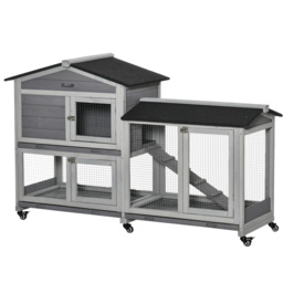 PawHut Two-Tier Rabbit Hutch and Run Wooden Mobile Guinea Pig Hutch Bunny Cage w/ Wheels, Run, Slide-Out Tray, Ramp 157.4 x 53 x 99.5 cm - Aosom UK