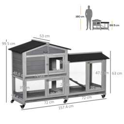 PawHut Two-Tier Rabbit Hutch and Run Wooden Mobile Guinea Pig Hutch Bunny Cage w/ Wheels, Run, Slide-Out Tray, Ramp 157.4 x 53 x 99.5 cm - Aosom UK - thumbnail 3