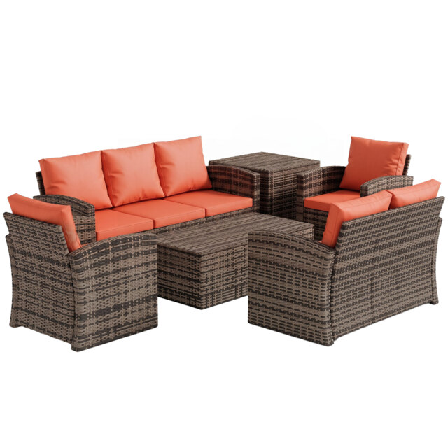 Outsunny 6 Pieces Rattan Garden Furniture Set, 7 Seater Wicker Outdoor Furniture Set with Storage Tea Table, Side Table, Cushions, Orange - image 1