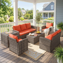 Outsunny 6 Pieces Rattan Garden Furniture Set, 7 Seater Wicker Outdoor Furniture Set with Storage Tea Table, Side Table, Cushions, Orange - thumbnail 8