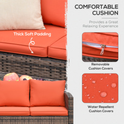 Outsunny 6 Pieces Rattan Garden Furniture Set, 7 Seater Wicker Outdoor Furniture Set with Storage Tea Table, Side Table, Cushions, Orange - thumbnail 5