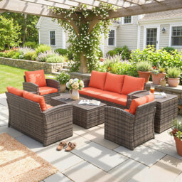 Outsunny 6 Pieces Rattan Garden Furniture Set, 7 Seater Wicker Outdoor Furniture Set with Storage Tea Table, Side Table, Cushions, Orange - thumbnail 9