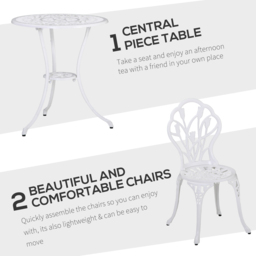 Outsunny Garden Bistro Set for 2, Outdoor Aluminium Garden Table and Chairs with Umbrella Hole for Balcony, White - Aosom UK - thumbnail 4