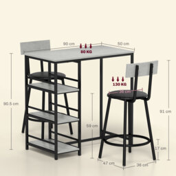 HOMCOM Three-Piece Kitchen Dining Set, with Shelves - Grey/Black - thumbnail 3