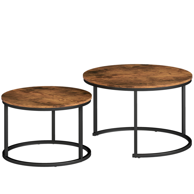 HOMCOM Coffee Table Set of 2, Round Nest of Tables with Metal Frame, Modern Side Tables for Living Room, Rustic Brown - image 1