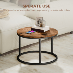 HOMCOM Coffee Table Set of 2, Round Nest of Tables with Metal Frame, Modern Side Tables for Living Room, Rustic Brown - thumbnail 5