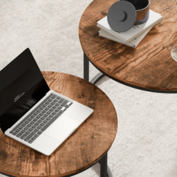 HOMCOM Coffee Table Set of 2, Round Nest of Tables with Metal Frame, Modern Side Tables for Living Room, Rustic Brown - thumbnail 9