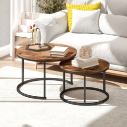 HOMCOM Coffee Table Set of 2, Round Nest of Tables with Metal Frame, Modern Side Tables for Living Room, Rustic Brown - thumbnail 7