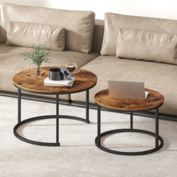HOMCOM Coffee Table Set of 2, Round Nest of Tables with Metal Frame, Modern Side Tables for Living Room, Rustic Brown - thumbnail 2