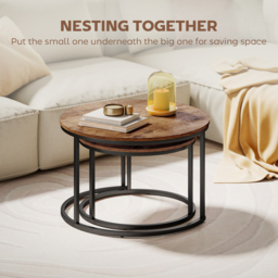 HOMCOM Coffee Table Set of 2, Round Nest of Tables with Metal Frame, Modern Side Tables for Living Room, Rustic Brown - thumbnail 4