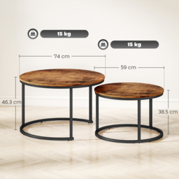 HOMCOM Coffee Table Set of 2, Round Nest of Tables with Metal Frame, Modern Side Tables for Living Room, Rustic Brown - thumbnail 3