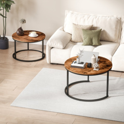 HOMCOM Coffee Table Set of 2, Round Nest of Tables with Metal Frame, Modern Side Tables for Living Room, Rustic Brown - thumbnail 8