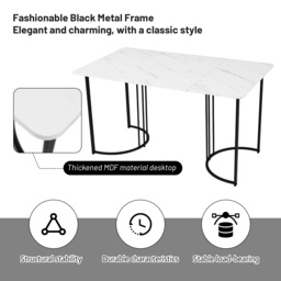 Modern Rectangular Extendable Dining Table with Adjustable Feet and Marble Pattern Top, Table Metal Frame, 140x80x75 cm, White/Black - Aosom UK - thumbnail 5