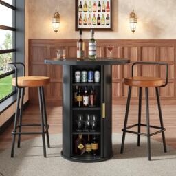 Round Bar Table with Metal Handles and Vertical-Slat Reinforced Body, Integrated Cabinet with Sliding Door, 60L x 60W x 91.5H cm, Black - Aosom UK