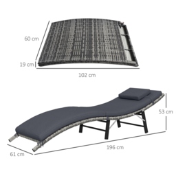 Outsunny Rattan Folding Sun Lounger Outdoor Chair with Cushion and Pillow Grey - thumbnail 3