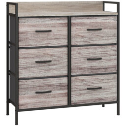 HOMCOM Rustic Chest of Six Fabric Drawers - Grey Wood Effect - Aosom UK