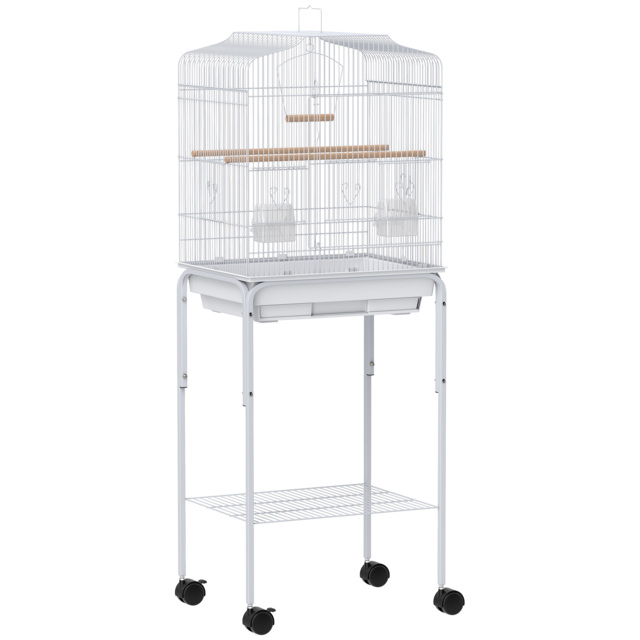 PawHut Bird Cage Budgie Cages for Finch Canary Parakeet with Stand Wheels Slide-out Tray Accessories Storage Shelf, White - image 1