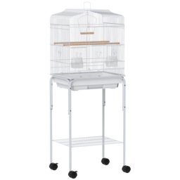 PawHut Bird Cage Budgie Cages for Finch Canary Parakeet with Stand Wheels Slide-out Tray Accessories Storage Shelf, White - thumbnail 1