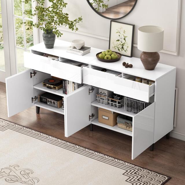 Storage Cabinet with High-goss 4-Door, 4-Drawer and Soft-close Hinges, Sideboard with Adjustable Shelves, 160L x 40W x 68H cm, White - Aosom UK - image 1