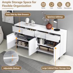 Storage Cabinet with High-goss 4-Door, 4-Drawer and Soft-close Hinges, Sideboard with Adjustable Shelves, 160L x 40W x 68H cm, White - Aosom UK - thumbnail 5