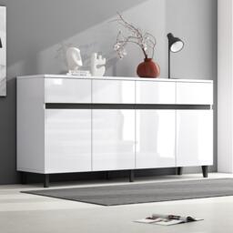 Storage Cabinet with High-goss 4-Door, 4-Drawer and Soft-close Hinges, Sideboard with Adjustable Shelves, 160L x 40W x 68H cm, White - Aosom UK - thumbnail 6