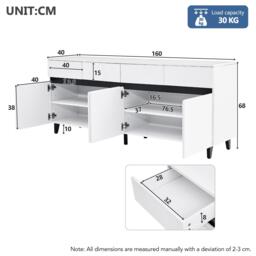 Storage Cabinet with High-goss 4-Door, 4-Drawer and Soft-close Hinges, Sideboard with Adjustable Shelves, 160L x 40W x 68H cm, White - Aosom UK - thumbnail 3