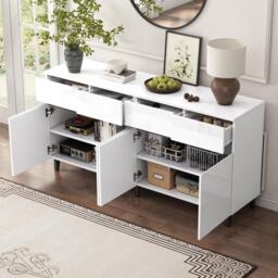 Storage Cabinet with High-goss 4-Door, 4-Drawer and Soft-close Hinges, Sideboard with Adjustable Shelves, 160L x 40W x 68H cm, White - Aosom UK