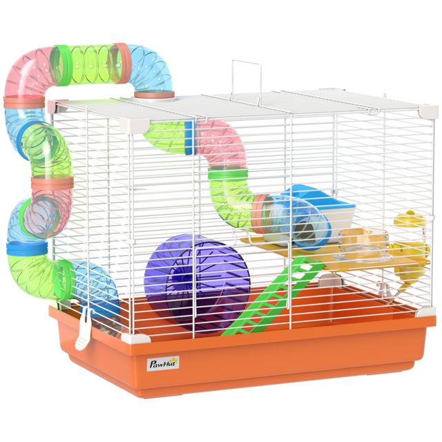 PawHut 2 Tier Hamster Cage, Gerbil Cage with Handle, Exercise Wheels, Tunnel, Water Bottle, Dishes, Ladder, for Dwarf - image 1