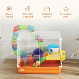 PawHut 2 Tier Hamster Cage, Gerbil Cage with Handle, Exercise Wheels, Tunnel, Water Bottle, Dishes, Ladder, for Dwarf - thumbnail 7