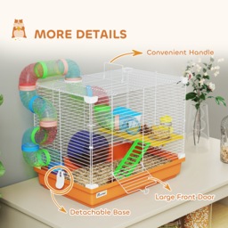 PawHut 2 Tier Hamster Cage, Gerbil Cage with Handle, Exercise Wheels, Tunnel, Water Bottle, Dishes, Ladder, for Dwarf - thumbnail 6
