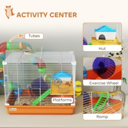 PawHut 2 Tier Hamster Cage, Gerbil Cage with Handle, Exercise Wheels, Tunnel, Water Bottle, Dishes, Ladder, for Dwarf - thumbnail 4