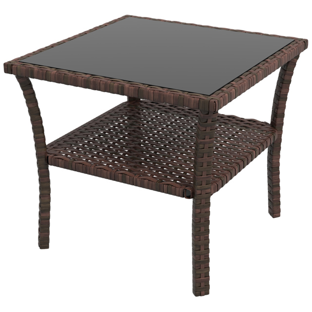 Outsunny 50cm Outdoor PE Rattan Coffee Table, Patio Wicker Two-tier Side Table with Glass Top, for Patio, Garden, Balcony, Brown - Aosom UK