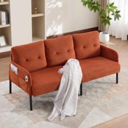 Oversized Two-Seater Corduroy Sofa with Ergonomic Curves, Comfortable Loveseat with Dual Side Storage Pockets, 171L x 72W x 80H cm, Orange - Aosom UK