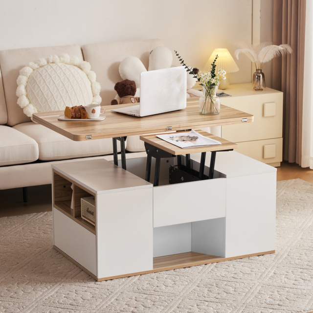 Lift-Top Coffee Table with Storage, 3 Drawers and Adjustable Height, Sofa End Tea Tables, Living Room, 100x51x47 cm, White & Oak - Aosom UK - image 1