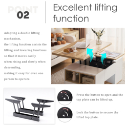 Lift-Top Coffee Table with Storage, 3 Drawers and Adjustable Height, Sofa End Tea Tables, Living Room, 100x51x47 cm, White & Oak - Aosom UK - thumbnail 5