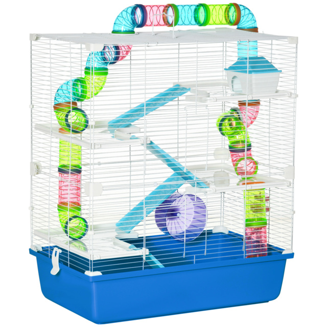 PawHut Large Hamster Cage, 5-Level Gerbil Haven, Small Rodent House, Tunnel Tube System, with Water Bottle, Exercise Wheel, Ramps, 59x36x 69 cm Blue - image 1