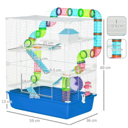 PawHut Large Hamster Cage, 5-Level Gerbil Haven, Small Rodent House, Tunnel Tube System, with Water Bottle, Exercise Wheel, Ramps, 59x36x 69 cm Blue - thumbnail 3