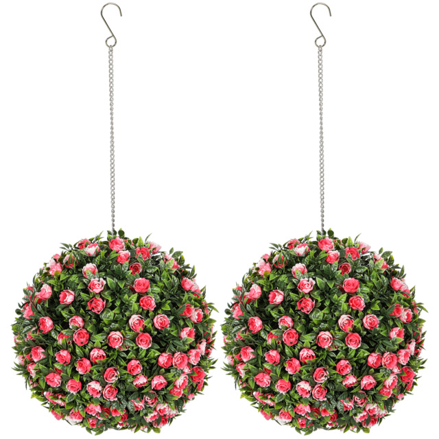 HOMCOM Set of 2 Decorative Artificial Plants, UV-protected Artificial Plant Topiary Rose Balls, Fake Plants for Home Indoor outdoor Decor, 28cm, Pink - image 1