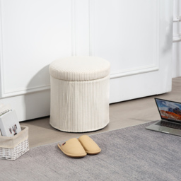 HOMCOM 40cm Round Storage Ottoman, Corduroy Footstool with Removable Lid and Legs, Vanity Stool for Living Room, Bedroom, Beige - thumbnail 2