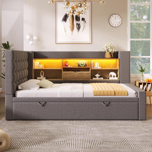 Upholstered Daybed with Pull-Out Trundle and Space-Saving Storage, Grey Linen Bed Frame with LED Lighting, 204L x 107W x 88H cm, Grey - Aosom UK - image 1