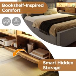 Upholstered Daybed with Pull-Out Trundle and Space-Saving Storage, Grey Linen Bed Frame with LED Lighting, 204L x 107W x 88H cm, Grey - Aosom UK - thumbnail 6