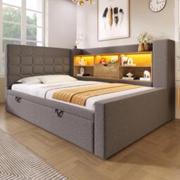 Upholstered Daybed with Pull-Out Trundle and Space-Saving Storage, Grey Linen Bed Frame with LED Lighting, 204L x 107W x 88H cm, Grey - Aosom UK - thumbnail 9