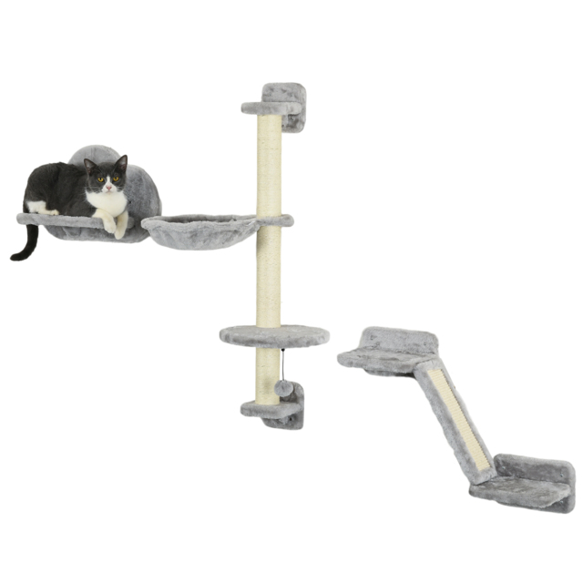 PawHut Cat Shelves Fit Cat Up to 5kg, 3-Piece Set with Hammock, Jumping Platform, Ladder, Scratching Post, Safe for Cats to Play, Grey - Aosom UK - image 1