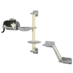 PawHut Cat Shelves Fit Cat Up to 5kg, 3-Piece Set with Hammock, Jumping Platform, Ladder, Scratching Post, Safe for Cats to Play, Grey - Aosom UK - thumbnail 1
